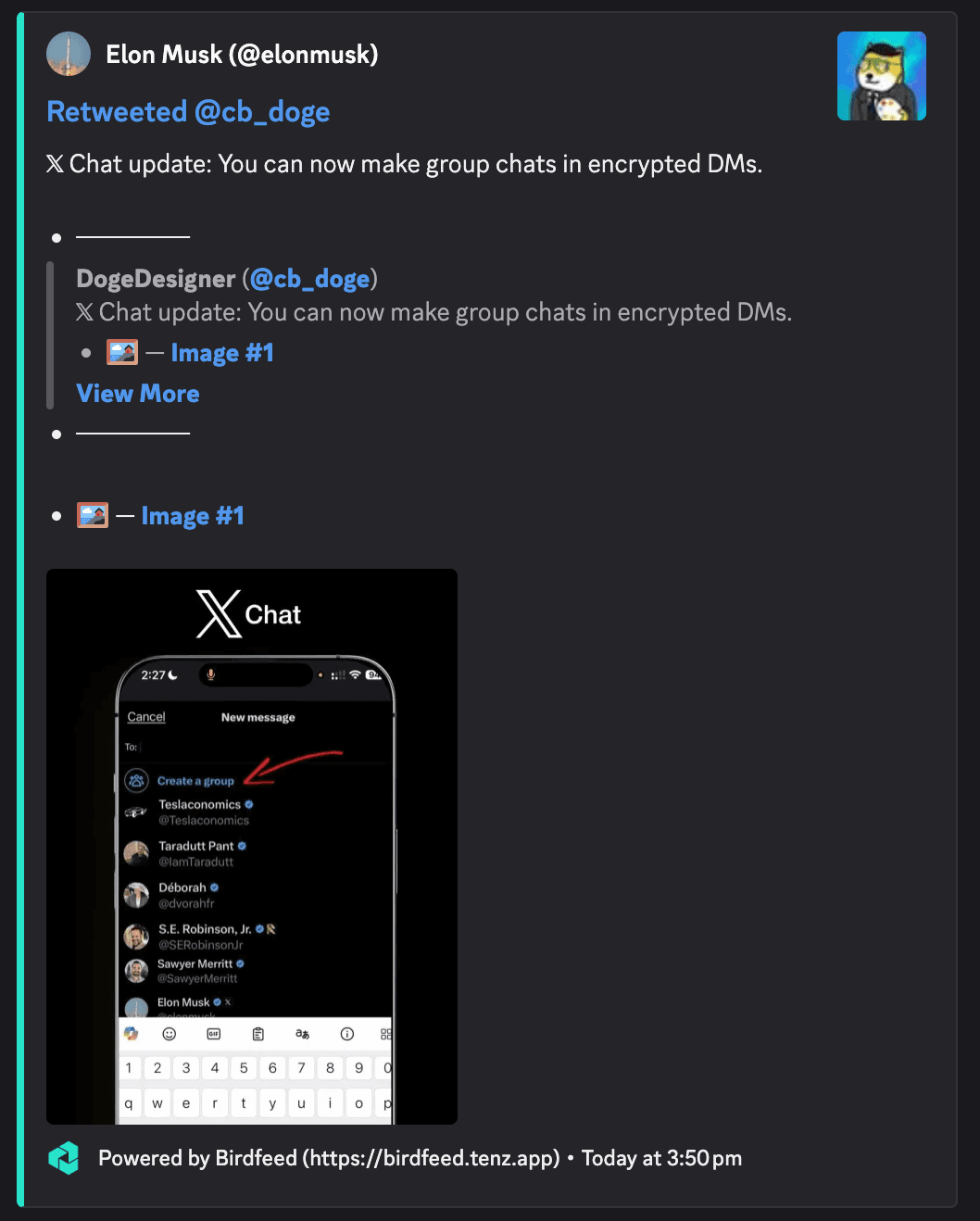 Discord alert forwarding a tweet from Elon Musk with attachments