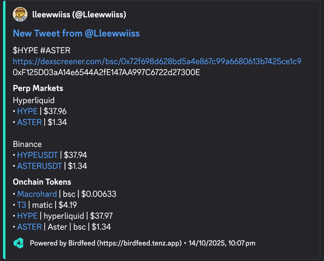 Discord alert showing detected tokens with pricing data