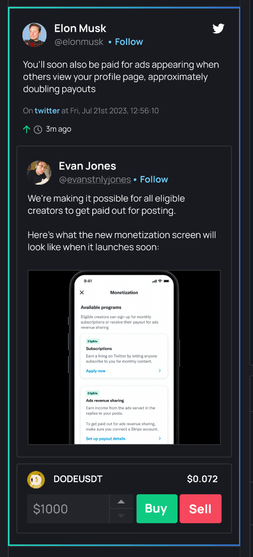Birdfeed alert embedded inside a trading terminal interface